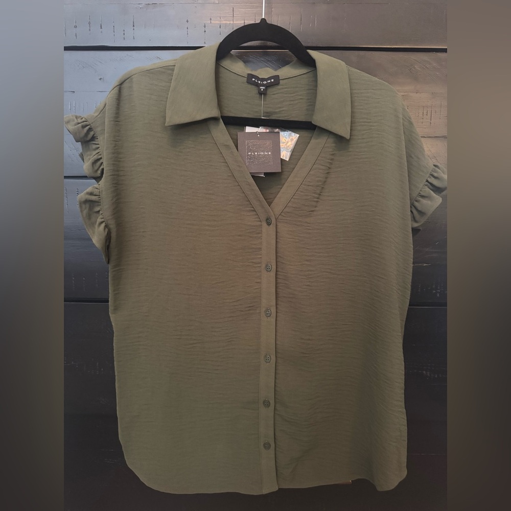 Pleione Olive Green Ruffled Button Down Short Sleeve Top
